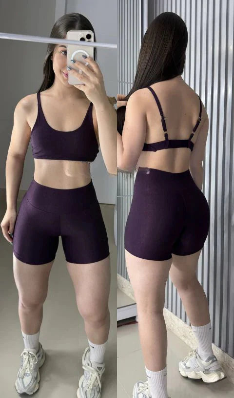 Conjunto short poliamida aveludado com alças reguláveis