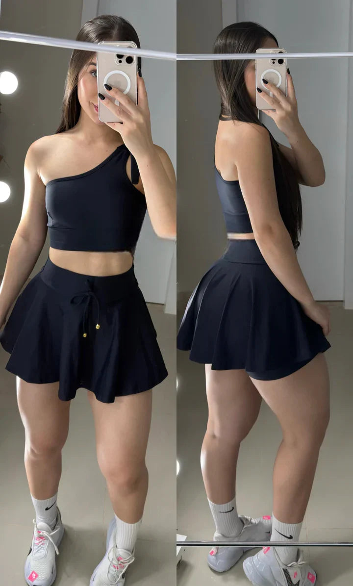 Conjunto short saia poliamida premium preto ombro só regulável