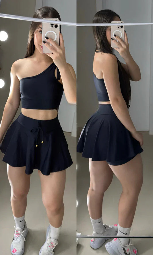 Conjunto short saia poliamida premium preto ombro só regulável