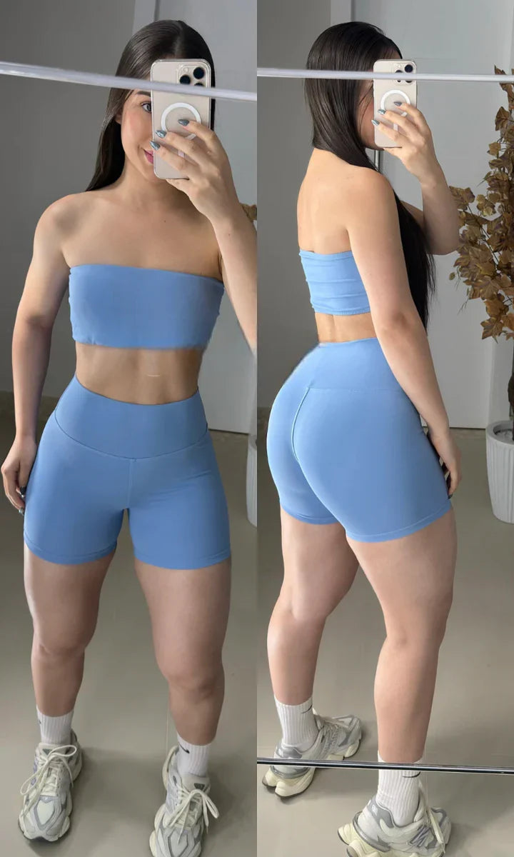 Conjunto short poliamida laranja com top faixa