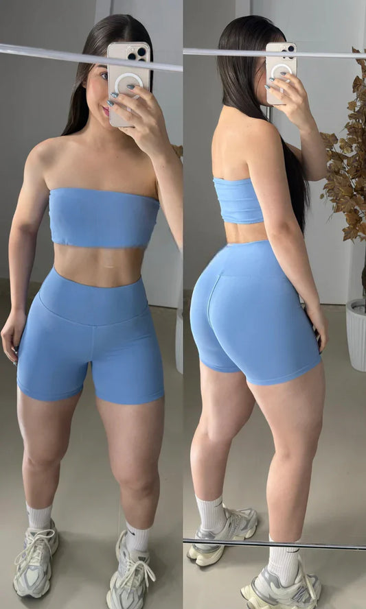 Conjunto short poliamida laranja com top faixa