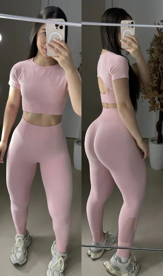Conjunto legging sem costura rosa bebê de manguinha